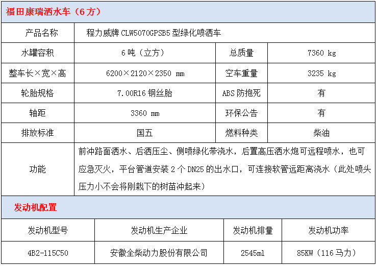福田康瑞6方洒水车技术参数 福田康瑞6方洒水车技术参数